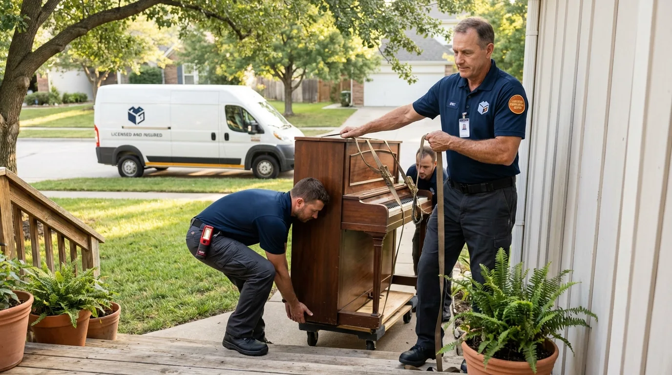 Licensed piano movers securing grand piano in Carrollton, OH
