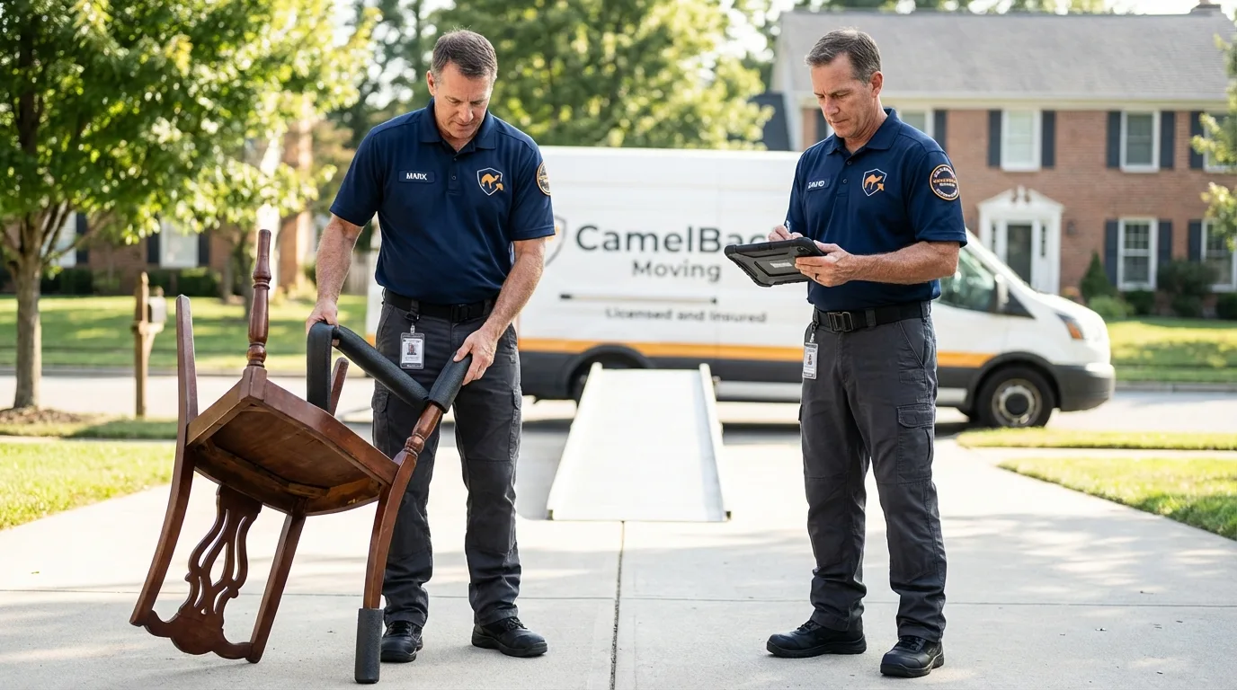 Movers inspecting furniture for damage prevention before loading in Carrollton, OH