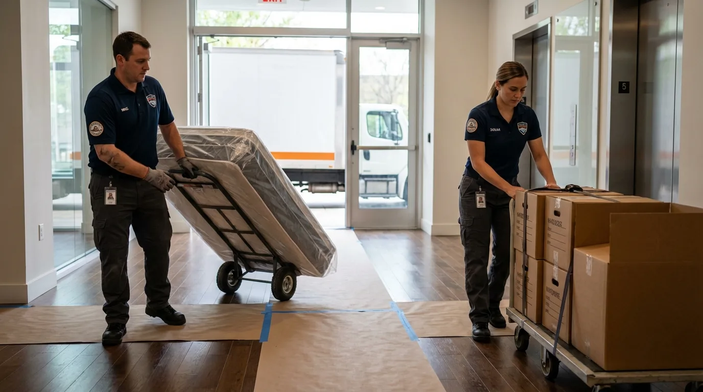 Professional apartment movers loading elevator in Carrollton, OH